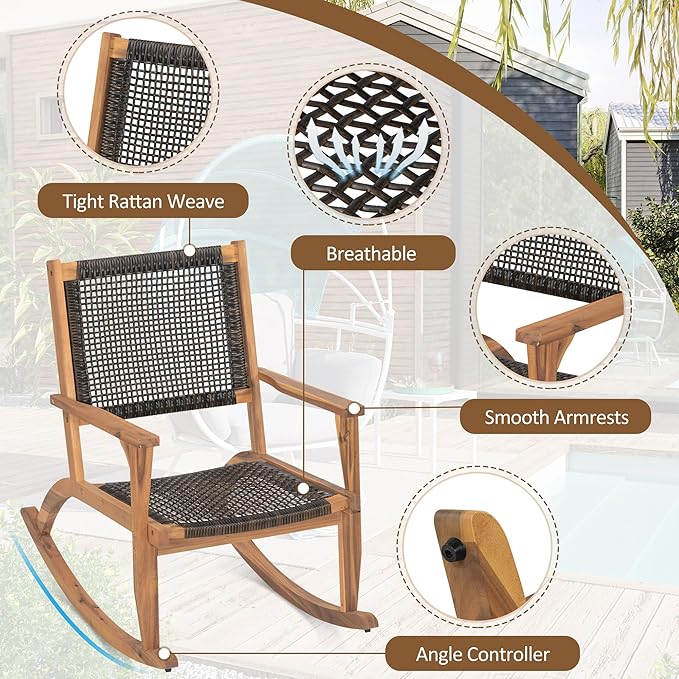 2 Piece Patio Rocking Chair Set, Acacia Wood Outdoor Rockers with PE Rattan Seat and Backrest, Comfortable Garden Porch Chairs for Backyard, Balcony and Poolside, Dark Brown