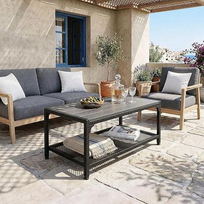 ODK Outdoor Coffee Table with Double-Layer Storage, Rectangle Weather-Resistant Patio Coffee Table for Garden, Balcony, Hot Tub, Poolside, Heavy-Duty Metal Frame, Grey