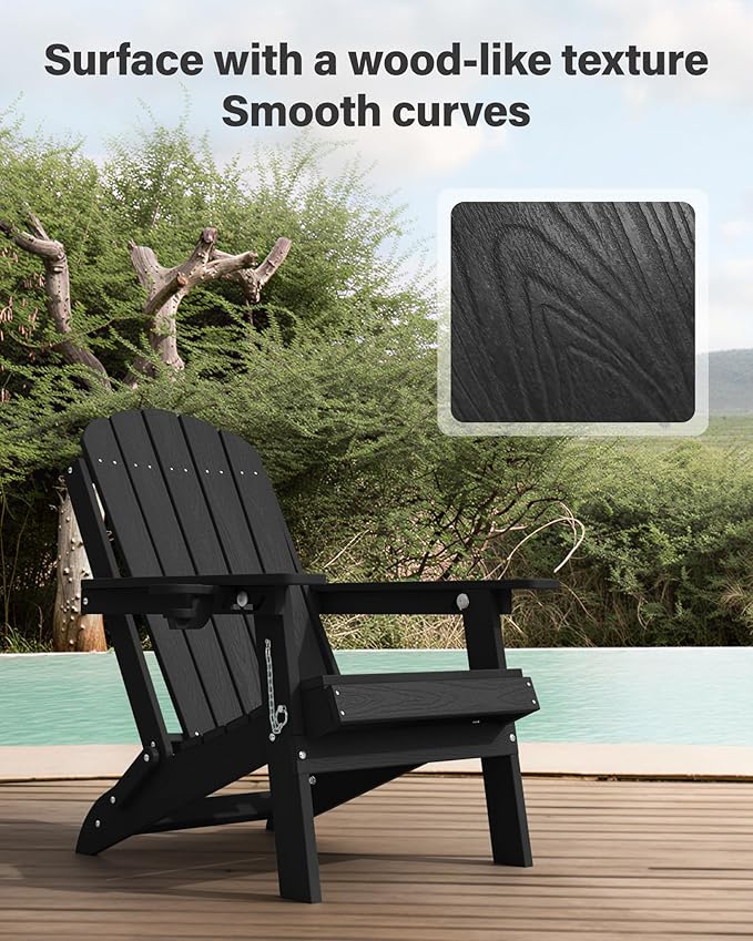 YEFU Folding Adirondack Chair for Outdoor: Plastic Foldable Fire Pit Chair with Cup Holders & Adjustable Backrest - Sturdy All-Weather HDPE for Outside Patio Poolside - Easy Assembly(Black)