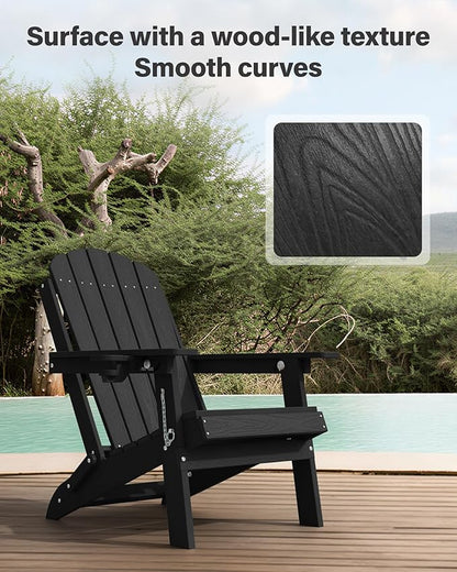 YEFU Adirondack Chairs Set of 2 for Outdoor: Folding Plastic Adirondack Chair with Cup Holder & Adjustable Back for Adult - All-Weather HDPE Weather Resistant for Patio Lawn - Easy Assembly(Black)