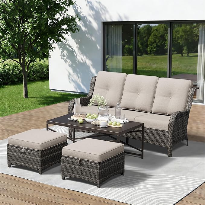 4-Piece Outdoor Couch Set, Includes Wicker Patio Sofa with Thickened Olefin Cushions, High Back and Deep Seating - Photo 1
