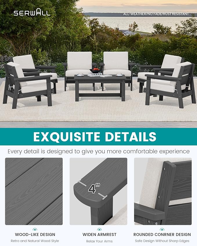 SERWALL HDPE Outdoor Furniture Set, 7 Piece All Weather Wood-Like Outdoor Sofa Sectional Couch - Photo 4