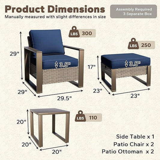 5 Pieces Metal Wicker Patio Furniture Set - Two Armchairs and Two Ottomans, One Side Table, All Weather Rattan Outdoor Conversation Furniture with Washable Cushion for Deck Porch, Dark Blue