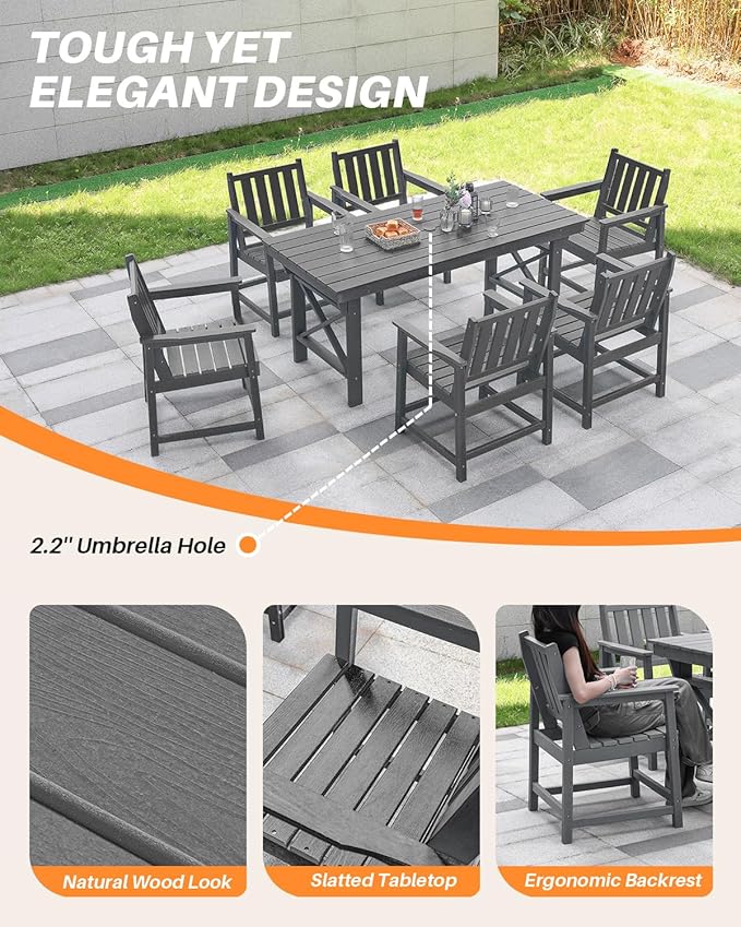 7 Pieces HDPE Outdoor Dining Set, Patio Dining Set with Umbrella Hole, All Weather Outdoor Dining Table Sets for 6 - Photo 8