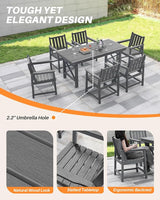7 Pieces HDPE Outdoor Dining Set, Patio Dining Set with Umbrella Hole, All Weather Outdoor Dining Table Sets for 6 - Photo 8