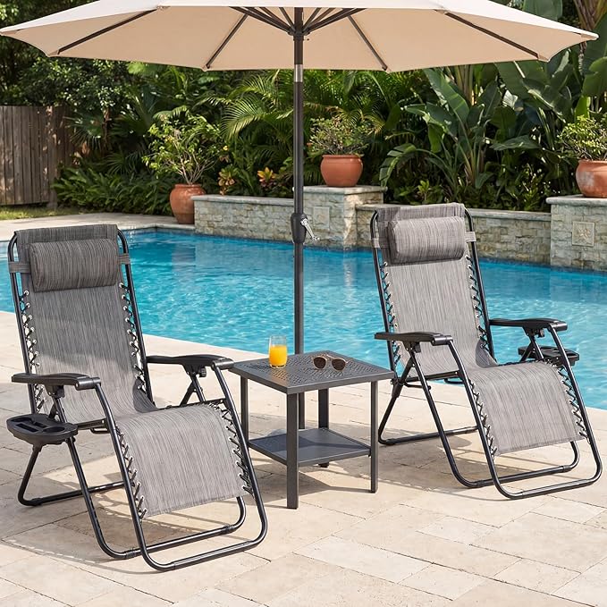 NEWBULIG Zero Gravity Chair Set of 2, Lounge Chair Folding Portable Adjustable Camping Reclining Chairs with Adjustable Pollow, Mesh Back, Cup Holder Trays Lawn Patio Chair for Pool Beach