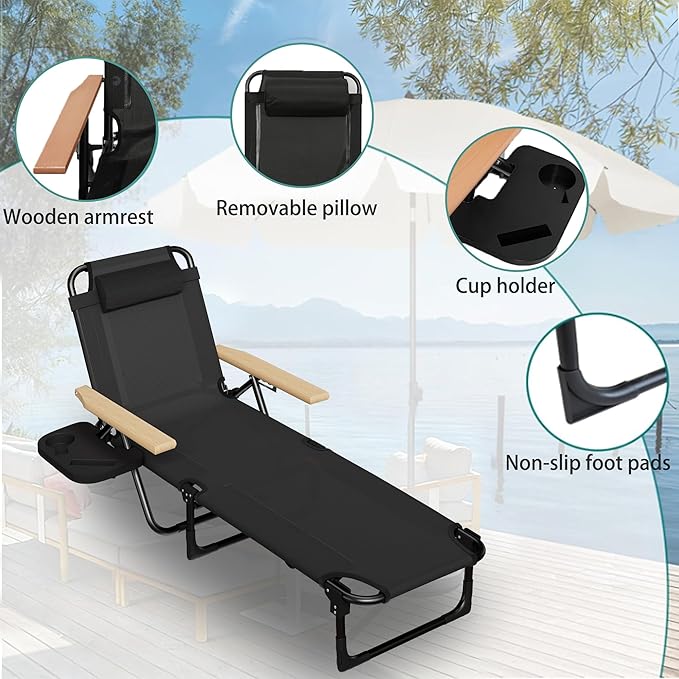 Foldable Chaise Lounge Chair Outdoor, 4-Position Reclining Outdoor Lounge Chairs with Wooden Armrest - Photo 4