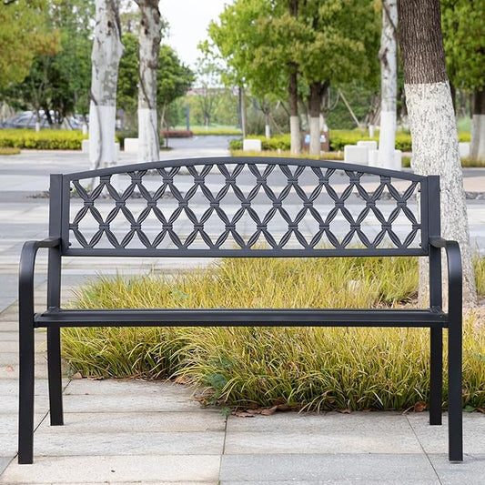 Metal Garden Bench Outdoor Park Patio Benches with Mesh Pattern Backrest Armrests for Patio Park Lawn Yard,Black