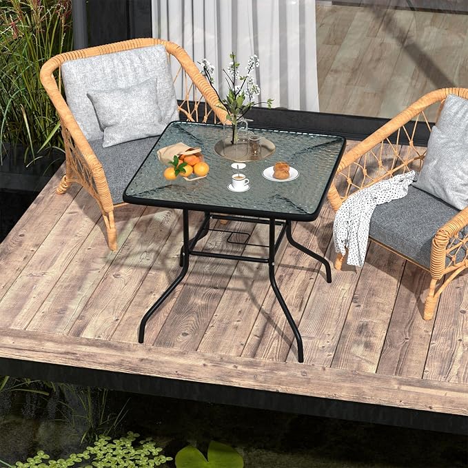 MKDLUFEI 32 Inch Umbrella Table with Hole, Outdoor Square Patio Table with Tempered Glass Top, for Balcony, Backyard - Photo 2