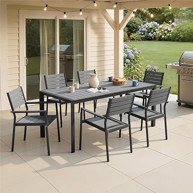 Crestlive Products Outdoor Dining Table for 6, 71in Aluminum Patio Table with Umbrella Hole Weather-Resistant Rectangle Outside Table for Garden Backyard Indoor, Grey