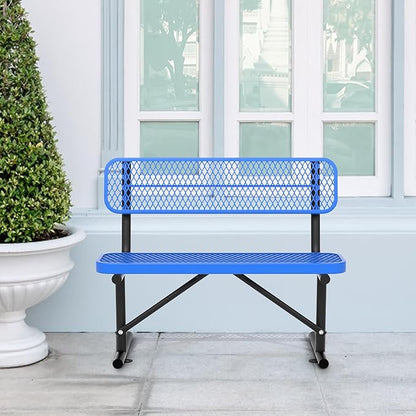 4 Ft Metal Park Bench for Outside, All-Weather Thermoplastic Coating Outdoor Bench with Backrest, Commercial Heavy Duty Benches for Shopping Malls, Stores, Parks, Patios, Decks, Blue