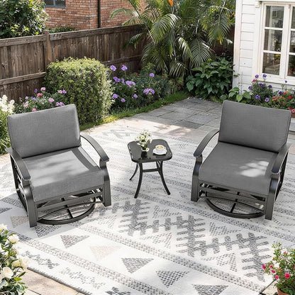 Gotland 3 Piece Patio Set, Metal Outdoor Swivel Chairs Set of 2 with 5.1’’ High-Resilience Seat Cushions Tempered Glass Coffee Table Removable Cushions for Backyard, Lawn, Porch, Grey
