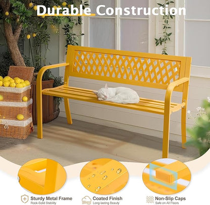 47in Patio Park Benches,PVC Mesh Backrest Iron Bench,Outdoor Garden Leisure Benches,Weatherproof Metal Park Bench,with Back and Armrests,for Outside Lawn Deck Patio Backyard Entryway (Yellow)