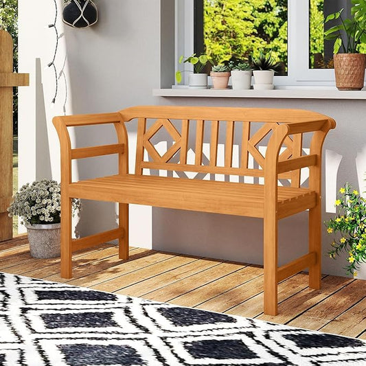 RELAX4LIFE Acacia Wood Outdoor Bench - 2 Person Patio Loveseat with Backrest and Armrests, 47 inch Garden Bench for Backyard, Porch, Lawn and Poolside, 800 lbs Weight Capacity