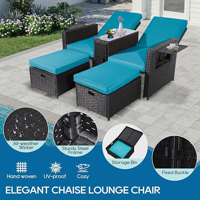 5PCS Outdoor Wicker Chaise Lounge Chair - Rattan Adjustable Reclining Patio Lounge Chair with Ottoman and Coffee Table, for Patio Beach Pool Backyard (Black Wicker Turquoise Cushion)