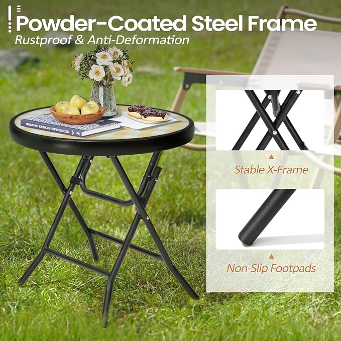 Foldable Side Table with Tempered Glass Top 18" Outdoor Folding Side Tables Small Glass Patio Table for Porch Yard Balcony Deck Lawn Dining Garden (Yellow)