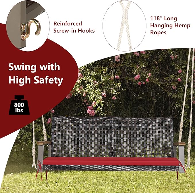Tangkula 2 Person PE Wicker Porch Swing Bench, Outdoor Hanging Swing with Soft Seat Cushion and Hanging Ropes(Length of 118" for Each Chain), 800 LBS Weight Capacity