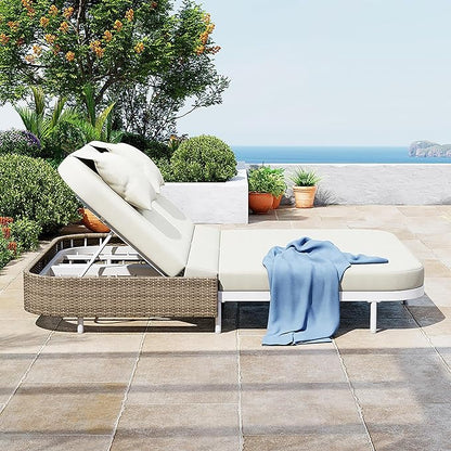 SOFTSEA Patio Rattan Daybed for 2 People, with 5-Position Adjustable Backrest, Outdoor Chaise Lounge with Removable Cushions&Pillows, Iron Frame Outdoor Bed Loveseat for Pool Garden, Beige+White