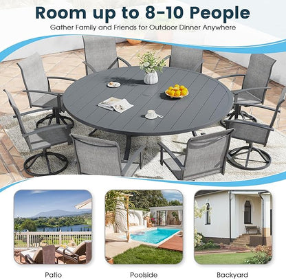 Patio Dining Table for 8-10, Round Metal Outdoor Table with 1.57" Umbrella Hole, 63" Outdoor Slat Tabletop Dining Table for Backyard, Porch, Lawn, Dark Grey