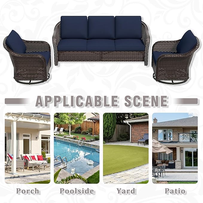 3 Piece Patio Wicker Conversation Set, All-Weather Use Outdoor Wicker Sofa with 2 PE Rattan 360 Swivel Chair - Photo 9