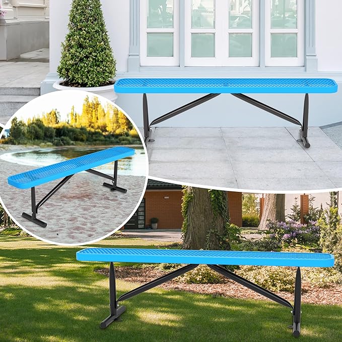 6 Feet Outdoor Benches, Blue Heavy Duty Metal Park Bench for Outside, Weatherproof Dock Bench, 72" L Commercial Benches Backless Bench for Shopping Mall, Store, Lawn, Park, Patio, Deck, Garden