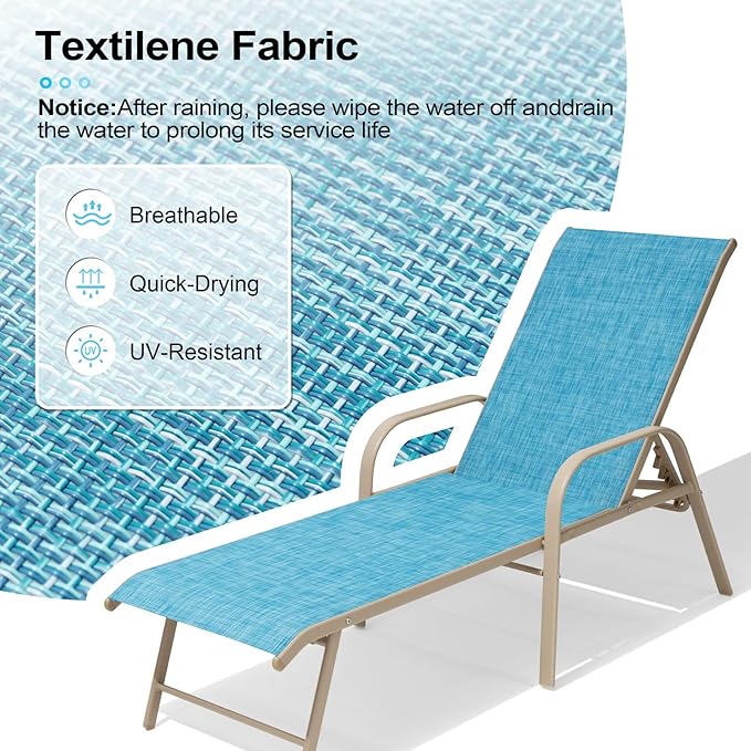 Crestlive Products Chaise Lounge Chair Outdoor with Armrests, Pool Lounge Chairs Set of 2, Aluminum Adjustable 5 Positions Sun Tanning Lounger for Patio, Poolside, Yard, Deck, Backyard (Blue)