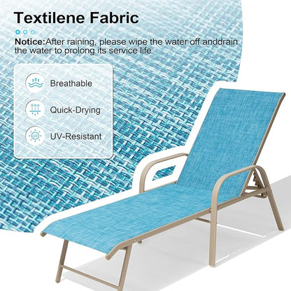 Crestlive Products Chaise Lounge Chair Outdoor with Armrests, Pool Lounge Chairs Set of 2, Aluminum Adjustable 5 Positions Sun Tanning Lounger for Patio, Poolside, Yard, Deck, Backyard (Blue)