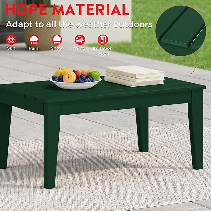 Costaelm Adirondack Outdoor Coffee Table, HDPE Drink Table Weather Resistant, Patio Porch Accent Balcony Table Outdoor End Table for Pool, Seaside, Backyard, Dark Green