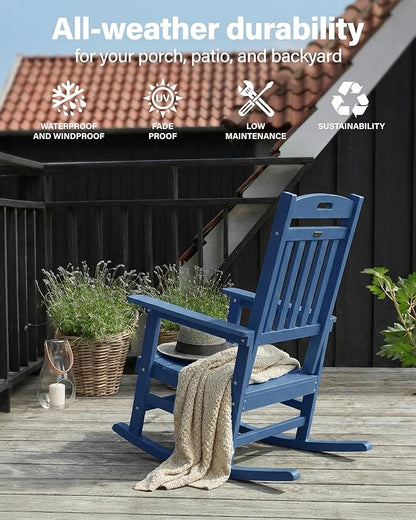 YEFU Outdoor Rocking Chair Porch: Plastic Rocking Chairs for Outside, Weather Resistant for Patio, Waterproof, Rock smoothly, Navy Blue