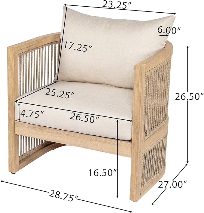 Christopher Knight Home Faine Acacia Wood Outdoor Club Chair Set of 2, Patio Accent Chair with Removable Cushion, Wooden Single Lounge Sofa Set, Light Teak+Beige