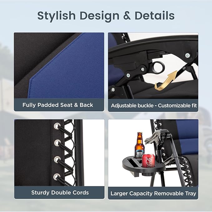 PHI VILLA Zero Gravity Chair Set of 2, Padded Anti Gravity Recliner, Oversized 28" Wide Seat, Foldable Patio Lounger with Armrest & Cup Holder, Supports 400 LBS (Blue Black)