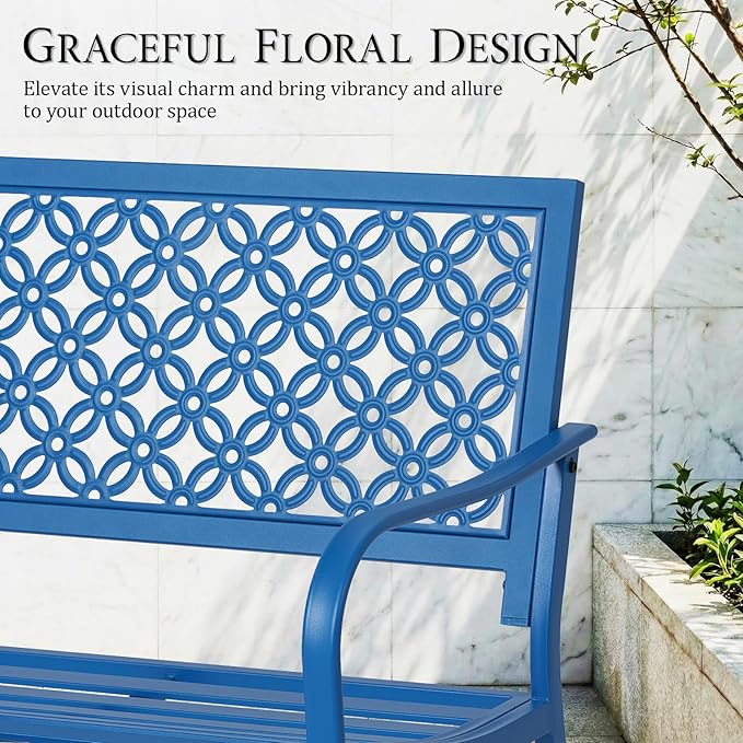ONBRILL 50" Outdoor Bench, Garden Benches with Galvanized Metal Frame, Front Porch Bench with Floral Backrest, Patio Furniture with Adjustable Feet for Park, Yard, Lawn, Entryway, Blue