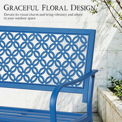 ONBRILL 50" Outdoor Bench, Garden Benches with Galvanized Metal Frame, Front Porch Bench with Floral Backrest, Patio Furniture with Adjustable Feet for Park, Yard, Lawn, Entryway, Blue