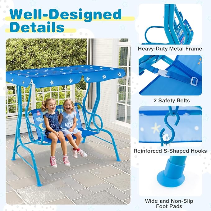 Costzon Kids Porch Swing, All-Weather Patio Swing Bench Hammock w/Adjustable Canopy & Safety Belts for 2 Children - Photo 5