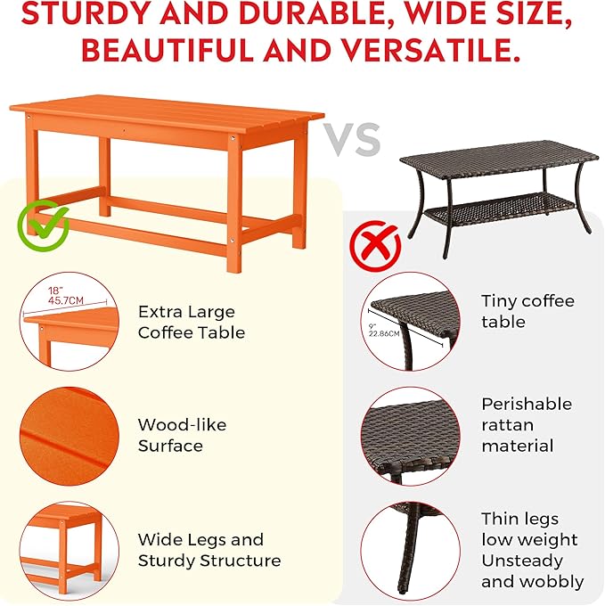 Costaelm 4-Piece Set Outdoor/Patio Poly Adirondack Chairs with a Coffee and a Side Table (2 Seater), Orange