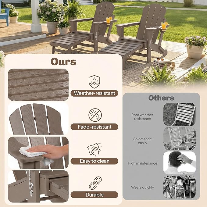 Outsunny Folding Adirondack Chair Set of 2, Outdoor HDPE Fire Pit Chair with Retractable Ottoman, Cup Holder and Large Seat for Deck, Garden, Backyard, Brown