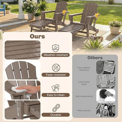 Outsunny Folding Adirondack Chair Set of 2, Outdoor HDPE Fire Pit Chair with Retractable Ottoman, Cup Holder and Large Seat for Deck, Garden, Backyard, Brown