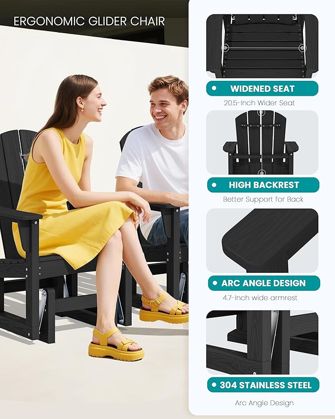 SERWALL HDPE Outdoor Glider Chair Set of 4, Wood-Like Patio Glider Rocker All-Weather Porch Glider for Outside, Black - Photo 4