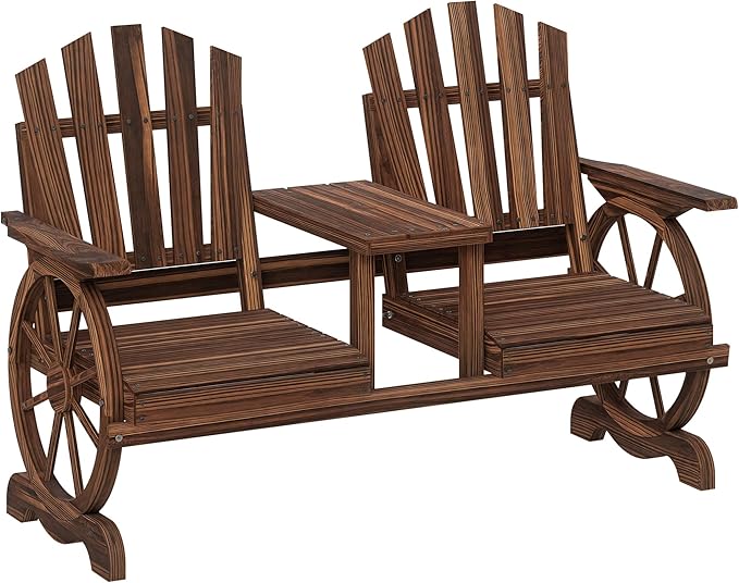 Outsunny Wooden Garden Bench with Table, Umbrella Hole, 2-Seat Wagon Wheel Outdoor Bench with Slatted Seat, High Backrest, Armrests for Backyard, Patio, Garden, Carbonized