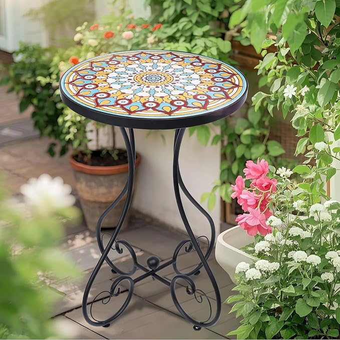 VCUTEKA Mosaic Outdoor Side Table, Round Rustproof Patio Table with 14" Ceramic Tile Top, Indoor Porch Accent Table for Yard, Garden, Living Room, Bistro Balcony