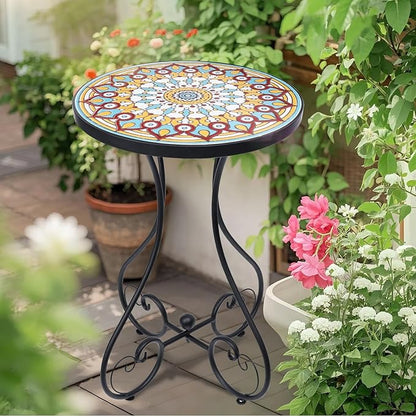 VCUTEKA Mosaic Outdoor Side Table, Round Rustproof Patio Table with 14" Ceramic Tile Top, Indoor Porch Accent Table for Yard, Garden, Living Room, Bistro Balcony