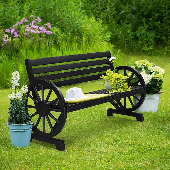 VINGLI 55" Rustic Wooden Wheel Bench Outdoor Bench, 2-Person Patio Bench Wagon Slatted Seat, Garden Benches for Outdoors 350lbs High Capacity, Weather Resistance ((Black)