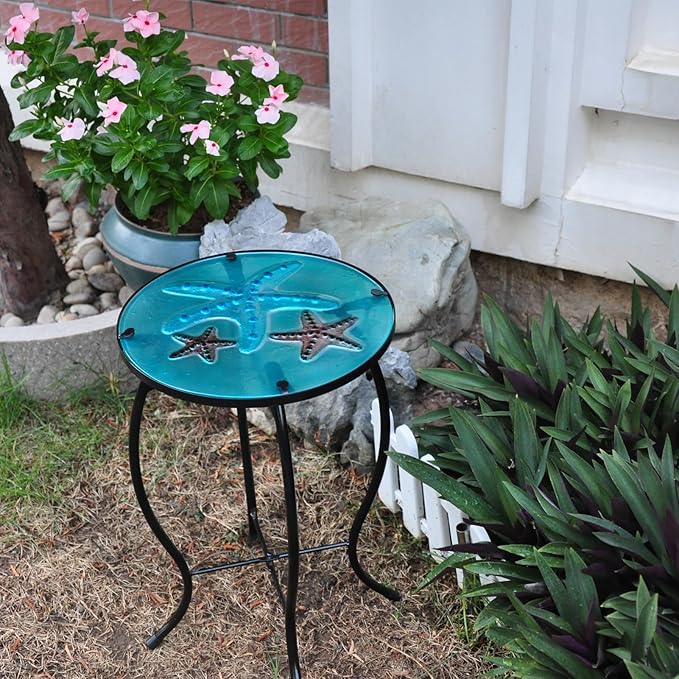Patio Side Table - Outdoor Decorative Bistro Coffee Table, Glass End Table for Porch, Indoor Round Accent Table, Balcony Plant Rack
