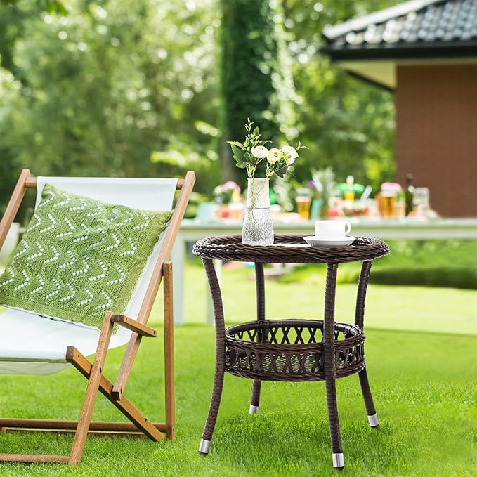 Outdoor Side Table Wicker Outdoor End Table for Patio Rattan Side Table for Outside Brown Patio Coffee Table with - Photo 3