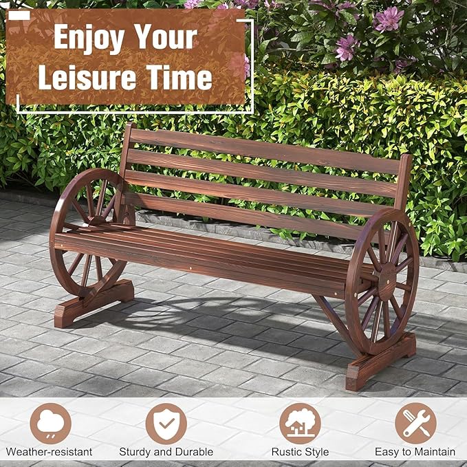 MOTION Outdoor Wagon Wheel Bench - 55 Inches Wooden Garden Bench with Slatted Backrest and Carbonized Finish, 2-Person Seat Outdoor Bench for Garden Porch Yard Patio, Rustic Brown