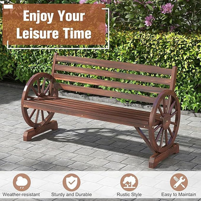 MOTION Outdoor Wagon Wheel Bench - 55 Inches Wooden Garden Bench with Slatted Backrest and Carbonized Finish, 2-Person Seat Outdoor Bench for Garden Porch Yard Patio, Rustic Brown