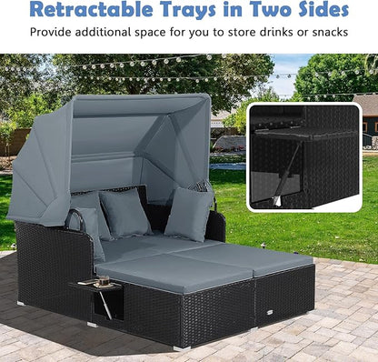 LDAILY Moccha Outdoor Daybed with Retractable Canopy, Wicker Cabana with 2 Side Tables & Soft Cushions,Hand-Woven PE Rattan Bed Lounger, Patio Sectional Furniture Set for Garden Backyard Porch (Grey)