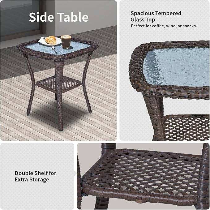 Outdoor Wicker Swivel Rocker Chair with 6-Inch Thick Cushions, High Back Patio Glider Chair, 360° Swivel & Rocking Motion for Porch, Deck, Balcony, Poolside, Brown/Blue