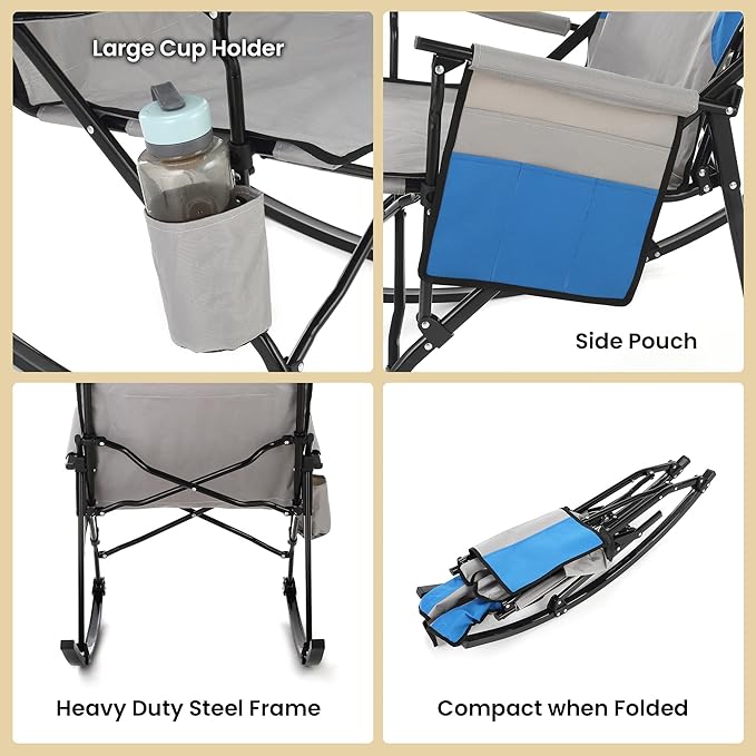 ARROWHEAD OUTDOOR Foldable Rocking Camp Chair with Large Cup Holder, Side Pocket, Space-Saving Folding, Enhanced Swinging Rocker for Camping, Fishing, Patio