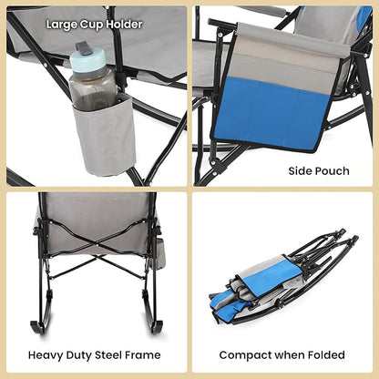 ARROWHEAD OUTDOOR Foldable Rocking Camp Chair with Large Cup Holder, Side Pocket, Space-Saving Folding, Enhanced Swinging Rocker for Camping, Fishing, Patio